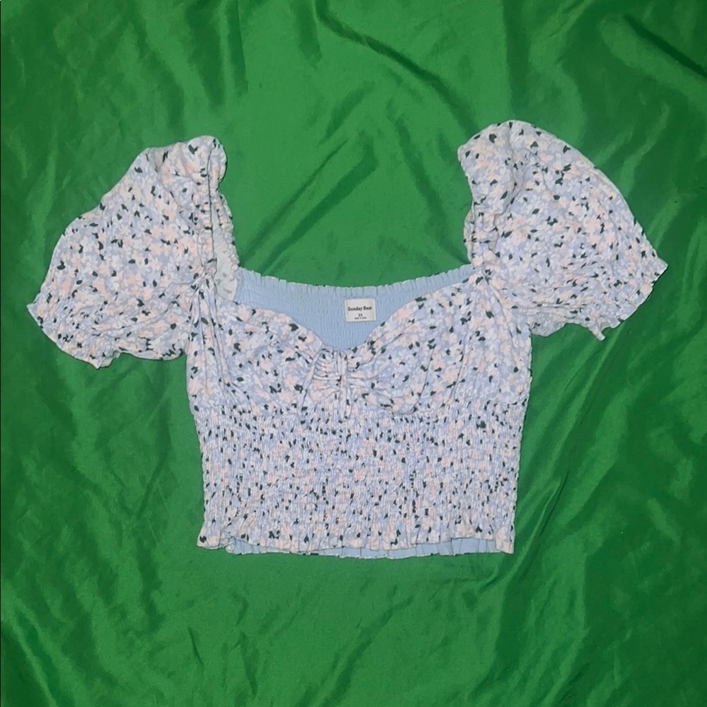 Sunday Best Green and White Smocked Crop Blouse size XS